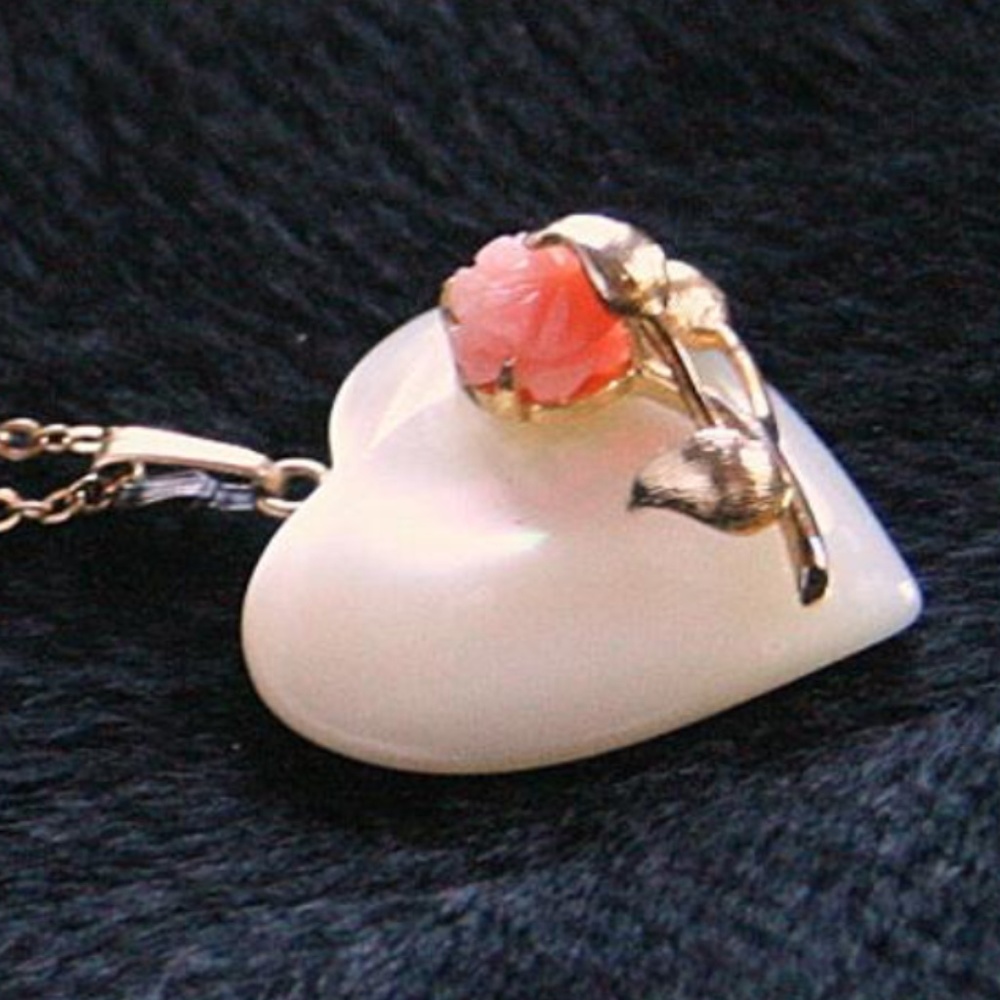 Coral Rose with Mother of Pearl Heart Necklace
